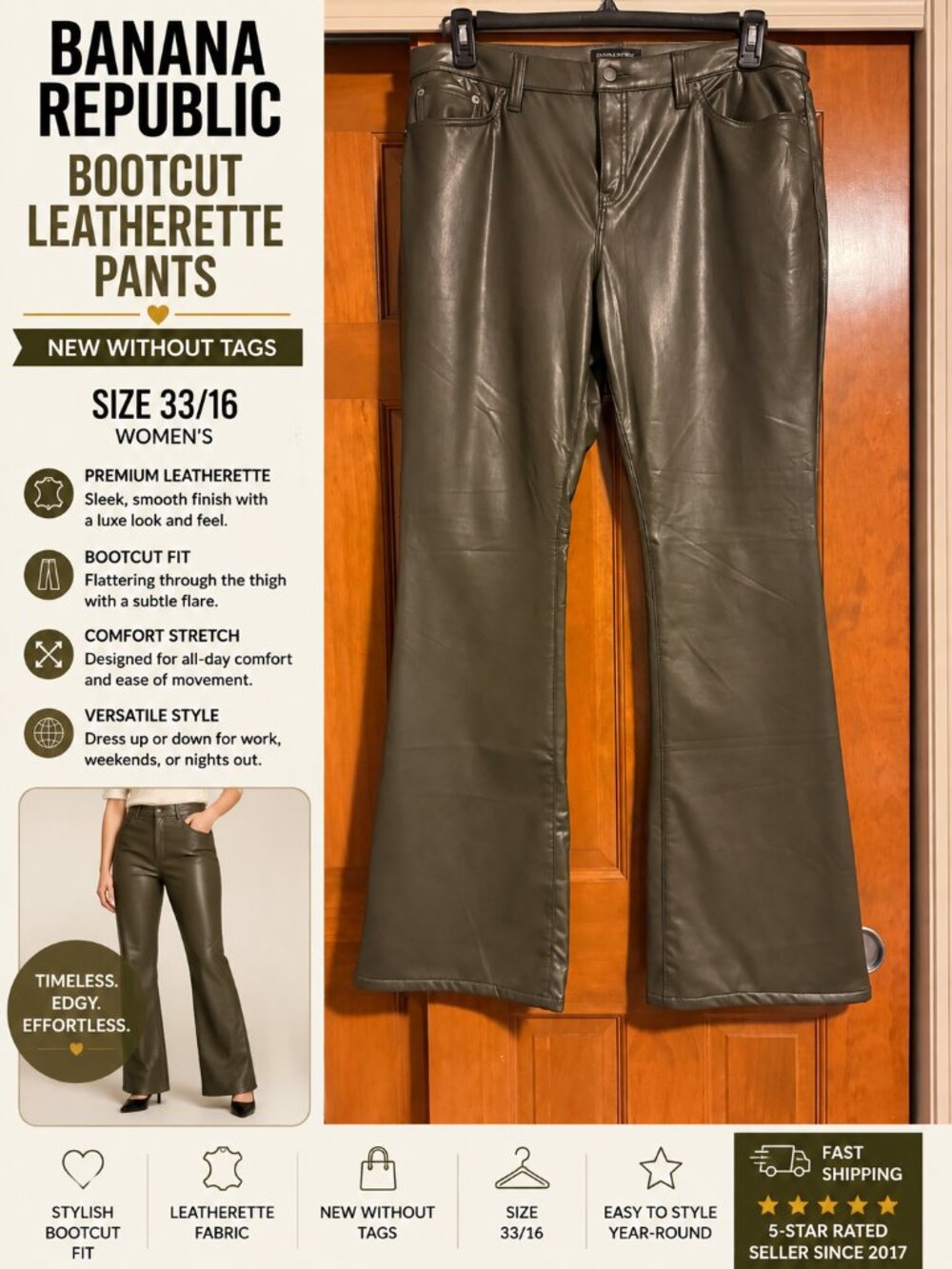 Banana Republic Olive Faux Leather Bootcut Pants Women’s 33/16 NWOT